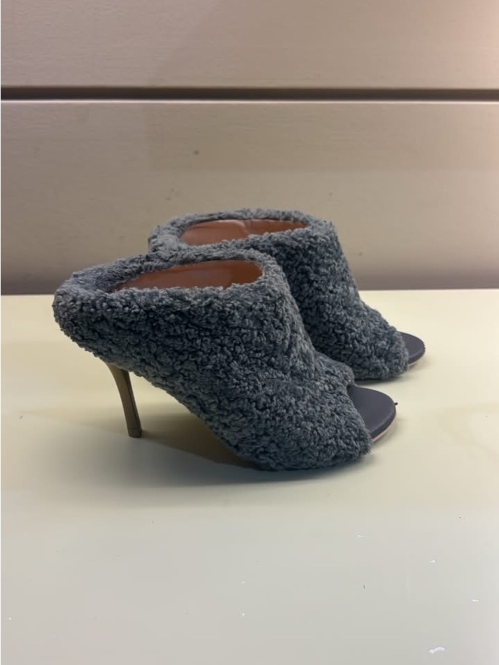 Agl Gray Faux-Shearling Peep-Toe Mule Heels
